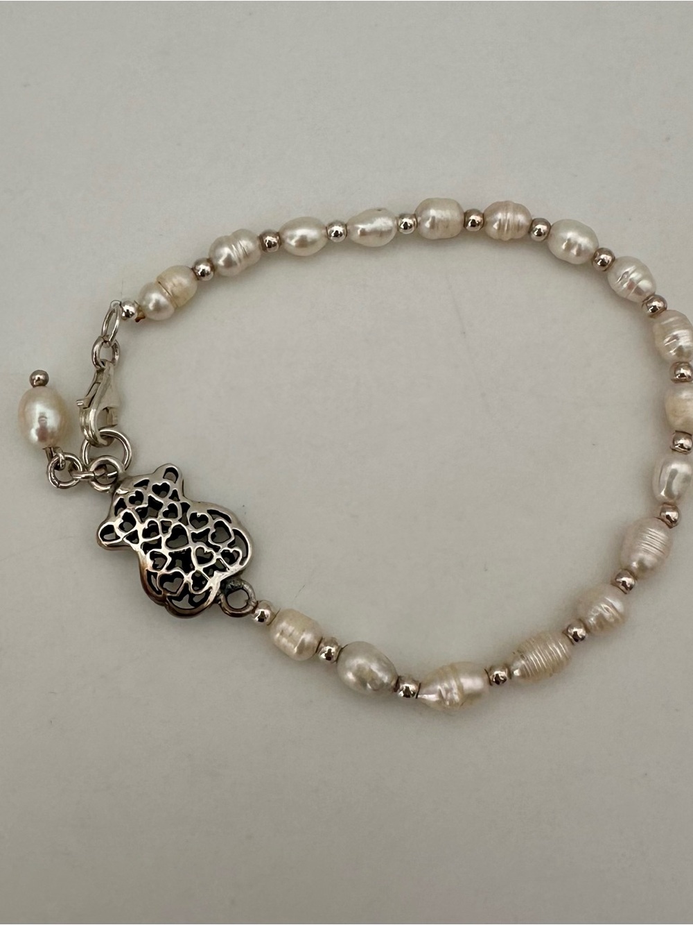 Sterling Silver Freshwater Pearl Bracelet with silver 950 bear Charm